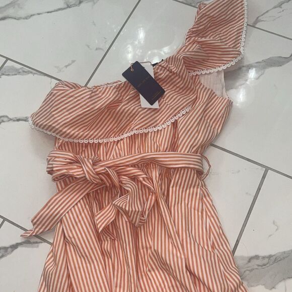 Skies Are Blue Orange/White One-Shoulder Striped Tie Dress Sz S NWT - Picture 5 of 9